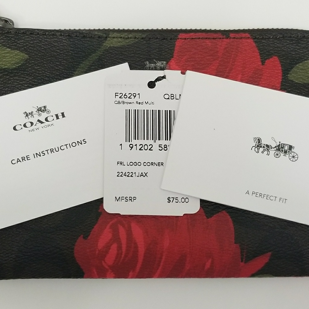 NWT Coach Brown + Red Floral / Gun Metal Wristlet - Picture 7 of 8